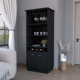 FM FURNITURE Sophia Bar Cabinet with Glassware Rack and Five Bottle Racks, Black Dweva