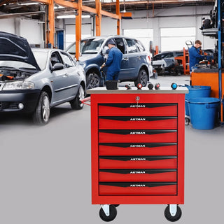 7 Drawers Multifunctional Tool Cart with Wheels,Metal Rolling Tool Cart Storage for Garage Workshop Warehouse Repair Shop--With Stainless Steel Roof- Red&Black Dweva
