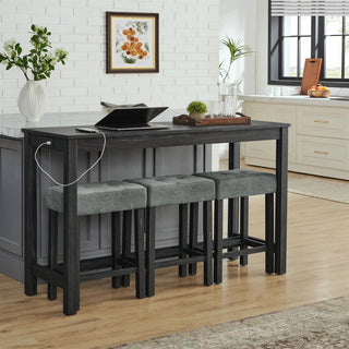 59 Inch Bar Table, Dining Table, Sofa Table with Power Outlet, 3 Upholstered Stools, 4 Piece Bar Table and Chair Set for Living Room, Dining Room, Kitchen Dweva