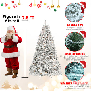 7.5FT Flocked Christmas Tree with 550 UL Lights and 49 Natural Pine Cones – Snowy PVC Tips, 1474 Tips, Hinged Structure, Stable Metal Stand, Easy Setup Dweva