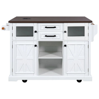 K&K 54.9" Kitchen Island with Drop Leaf, Power Outlet, Kitchen Storage Cart with 4 Door Shelves, Cross Barn Doors & Visual Glass Door, Rolling Kitchen Island on 4 Wheels for Kitchen, Dining Room,White Dweva