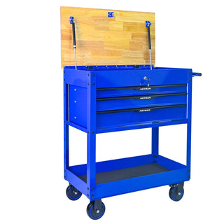3 DRAWERS MULTIFUNCTIONAL TOOL CART WITH WHEELS AND WOODEN TOP-Blue Dweva