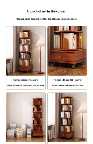 (UPGRADED) Rotating Bookshelf, 360 Display Corner Bookshelf for Small Space, 6 Tier Bookcase Storage Rack with Wheels, Wood Narrow Organizer for Bedroom, Living Room, Study Room, Walnut Brown, Shelves Dweva