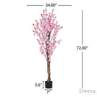 6' Artificial Peach Blossom Tree with Black Plastic Pot Dweva