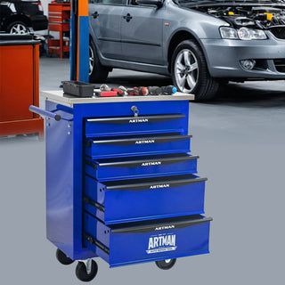 5 Drawers Multifunctional Tool Cart with Wheels,Metal Rolling Tool Cart Storage for Garage Workshop Warehouse Repair Shop--With Stainless Steel Roof- BLACK&BLUE Dweva