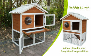 Rabbit Hutch Outdoor, Bunny Cage with Waterproof Roof, Removable Pull Out Tray, 2-tier Wooden Rabbit House for Small Animals, Rabbit Enclosure Suits for Guinea Pigs, Hamster,.Viewing Window Design Dweva
