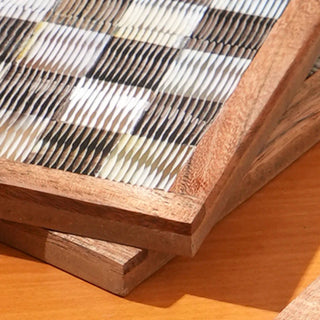 Handmade Set of 2 Chiseled Horn Coasters with Teakwood Edges Dweva