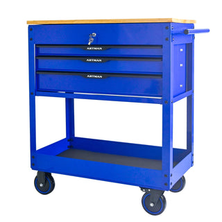 3 DRAWERS MULTIFUNCTIONAL TOOL CART WITH WHEELS AND WOODEN TOP-Blue Dweva