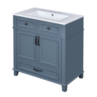 30'' Bathroom Vanity with Ceramic Sink,Solid Wood Frame Bathroom Storage Cabinet with Soft Closing Doors,Retro Style, Blue Dweva