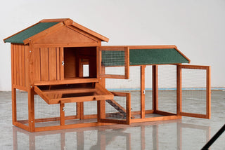 Large Wooden Rabbit Hutch, 2-Story Outdoor Bunny Cage with Waterproof Asphalt Roof, Pull-Out Tray & Ramp, Fir Wood Pet House for Rabbits, Chickens, Guinea Pigs (Brown & Green) Dweva