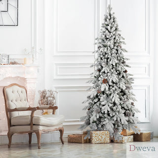 7.5 FT Flocked PE/PVC Christmas Tree with 40 Natural Pine Cones – 1424 Tips, Space-Saving Design, Hinged Branches, Stable Metal Stand, Realistic Snowy Look Dweva