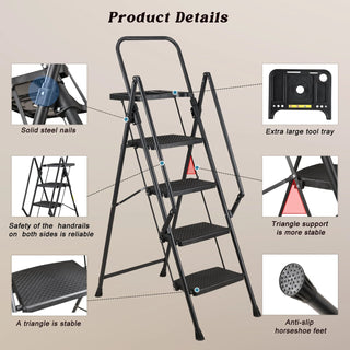 4 Step Ladder, Folding Step Stool with Non-Slip Wide Pedals, Soft Handle, Non-Slip Feet, Sturdy Steel Construction, 440 lb Capacity Steel Ladder, Suitable for Home & Office Dweva