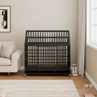 48 Inch Heavy Duty Dog Crate with Wheels, Folding Metal Big Dog Cage for Large and Medium Dogs, Cage with a pointed roof and Removable Tray. Dweva