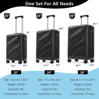 Luggage Set 3 Piece, Lightweight Durable ABS Suitcases with Spinner Wheels and TSA Lock, Carry-on & Checked Travel Luggage (20"/24"/28") Dweva