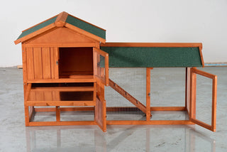 Large Wooden Rabbit Hutch, 2-Story Outdoor Bunny Cage with Waterproof Asphalt Roof, Pull-Out Tray & Ramp, Fir Wood Pet House for Rabbits, Chickens, Guinea Pigs (Brown & Green) Dweva