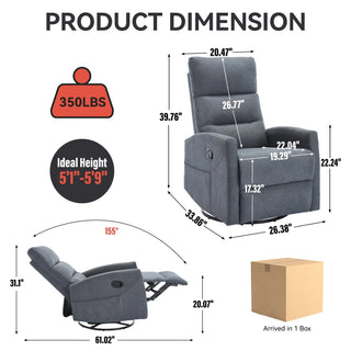 Manual Recliner Chair with Rocker and Swivel in Fabric for Living Room, Grey Dweva