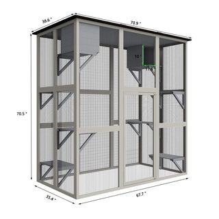 70.9" Gray Wooden Outdoor Catio Cat Enclosure with Weatherproof Asphalt Roof, Large Walk-in Cat House with 6 Platforms & 2 Napping Boxes, Solid Wood Cat Cage Playpen for Patio or Backyard Dweva