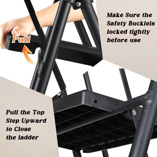 4 Step Ladder, Folding Step Stool with Non-Slip Wide Pedals, Soft Handle, Non-Slip Feet, Sturdy Steel Construction, 440 lb Capacity Steel Ladder, Suitable for Home & Office Dweva