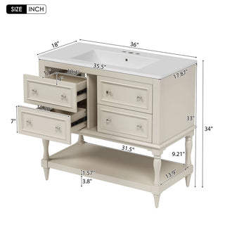 36" Bathroom Vanity Cabinet with Sink Combo Set, Undermount Ceramic Sink, Free Standing Vanity Set with 4 Drawers, Solid Wood Frame Bathroom Cabinet, Beige Dweva
