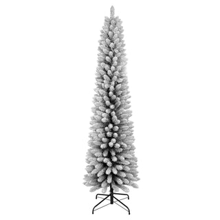 6FT Flocked Pencil Christmas Tree – Slim PVC Tree with 358 Snowy Tips, Space-Saving Design, Realistic Snow Effect, Sturdy Metal Stand, Easy Setup Dweva