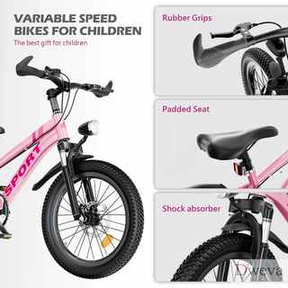 FKZNPJ 24 Inch Kids Mountain Bike for Boys & Girls Ages 7-12 – 7-Speed Gears, Dual Disc Brakes, Shock Absorber Front Fork, LED Light – Silver & Pink Dweva