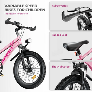 FKZNPJ 20 Inch Kids Mountain Bike for Boys & Girls Ages 7-12 – 7-Speed Gears, Dual Disc Brakes, Shock Absorber Front Fork, LED Light – Silver & Pink Dweva