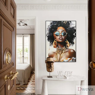 African American Woman Canvas Wall Art Black Girl with Curly Hair Sunglasses Orange Headwrap Earrings and Necklaces Modern Afrocentric Decor for Living Room Bedroom Office decorative picture Dweva