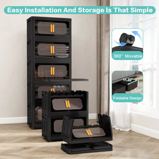Black, 24" Side Wide Folding Storage Cabinet ,5 Tiers,23.62"×13.78"×59.84",Collapsible Storage Bins with Magnetic Door, Plastic Storage Cabinet with Wheels Dweva