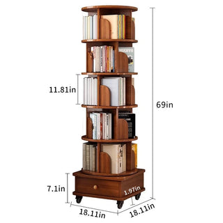 (UPGRADED) Rotating Bookshelf, 360 Display Corner Bookshelf for Small Space, 6 Tier Bookcase Storage Rack with Wheels, Wood Narrow Organizer for Bedroom, Living Room, Study Room, Walnut Brown, Shelves Dweva