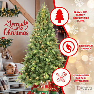 5FT Pre-Lit Christmas Tree with 300 UL Warm White Lights – Classic Green Tree with 967 PE+PVC Tips, Hinged Branches for Easy Setup, Sturdy Metal Stand, Realistic Full Look Dweva