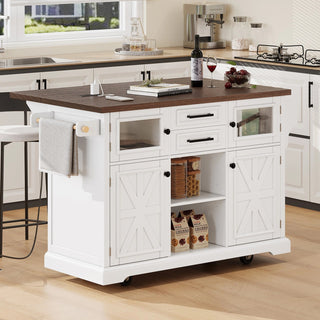 K&K 54.9" Kitchen Island with Drop Leaf, Power Outlet, Kitchen Storage Cart with 4 Door Shelves, Cross Barn Doors & Visual Glass Door, Rolling Kitchen Island on 4 Wheels for Kitchen, Dining Room,White Dweva