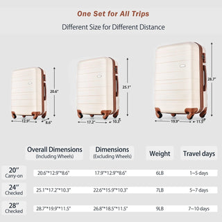 Luggage Sets 4 Piece, ABS Durable Suitcase with Travel Bag, Carry On Luggage Suitcase Set with 360° Spinner Wheels, ivory and brown Dweva