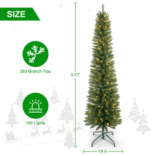 7FT Green Pencil Christmas Tree with 200 Warm White LED Lights – Slim PVC Tree with 469 Tips, Compact Design, Stable Metal Stand, Easy to Assemble Dweva
