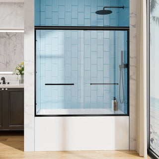 60" W x 57" H Aluminum Frame Double Sliding Shower Door, Soft-Close Matte Black Bathtub Door, 1/4" (6mm) Clear Nano-Coated Tempered Glass, Dual Stainless Steel Handles Dweva