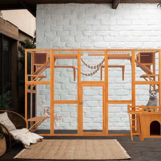 Weatherproof Catio Outdoor Cat Enclosure, Outdoor Cat house, Natural Wood Playground, Natural Cat Shelf with Litter Box Dweva
