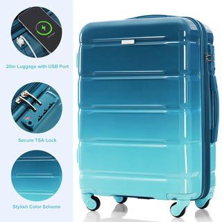 Luggage Set of 3, 20-inch with USB Port, Airline Certified Carry-on Luggage , ABS+PC Hard Shell Luggage with Spinner Wheels,blue Dweva