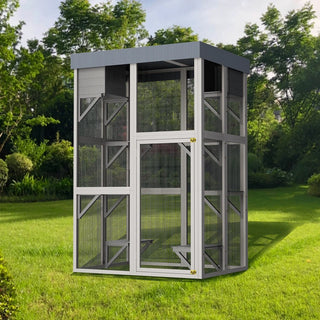 70.5＂ Tall Wooden Catio Outdoor Cat Enclosure, Gray Cat House Large Solid Wood Cage Playpen with 6 Jumping Platforms & 2 Napping Houses, Movable tarp cover Dweva