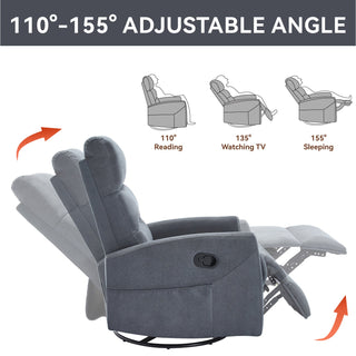 Manual Recliner Chair with Rocker and Swivel in Fabric for Living Room, Grey Dweva