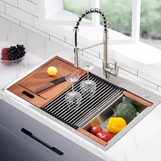 28 x 22 Drop In Stainless Steel Workstation Sink, 28 Inch 18-Gauge Stainless Steel Drop-In Kitchen Sink, Handmade Single Bowl Workstation R10 Rounded Corner kitchen Sink with Accessories Dweva
