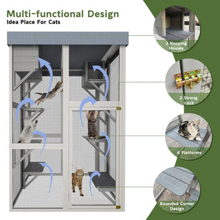 70.5＂ Tall Wooden Catio Outdoor Cat Enclosure, Gray Cat House Large Solid Wood Cage Playpen with 6 Jumping Platforms & 2 Napping Houses, Movable tarp cover Dweva