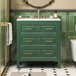 30'' Bathroom Vanity with Ceramic Sink Combo, Free Standing Single Vanity Set with 3 Drawers, Solid Wood Frame Bathroom Storage Cabinet, Green Dweva