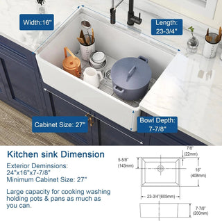 24 Inch White Fireclay Farmhouse Sink-24x 16 White Farm Sink for Small Kitchen and Laundry, Apron Front Porcelain Ceramic Sink Single Basin with Bottom Grid and Strainer Dweva