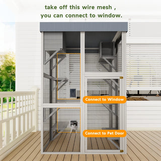 70.5＂ Tall Wooden Catio Outdoor Cat Enclosure, Gray Cat House Large Solid Wood Cage Playpen with 6 Jumping Platforms & 2 Napping Houses, Movable tarp cover Dweva