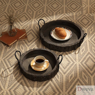 Cenecharl Handmade Round Mango Wood Decor & Serving Tray With Metal Handle-Black Dweva