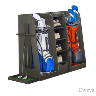 55.5''x16''x37''(LxWxH) Wooden Golf Bag Organizer and Storage Rack, High Quality Wooden 2 Golf Bag Rack with Drawers, Easy to Assemble Golf Club Holder/Stand with Club Holders on Side,Gray Dweva