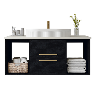 Modern 40-In Wall-Mounted Bathroom Vanity with Oval Ceramic Sink Floating Vanity Multi-Layer Solid Wood Cabinet Soft-Close Drawers Open Shelf Storage Dweva