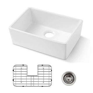 24 Inch White Fireclay Farmhouse Sink-24x 16 White Farm Sink for Small Kitchen and Laundry, Apron Front Porcelain Ceramic Sink Single Basin with Bottom Grid and Strainer Dweva