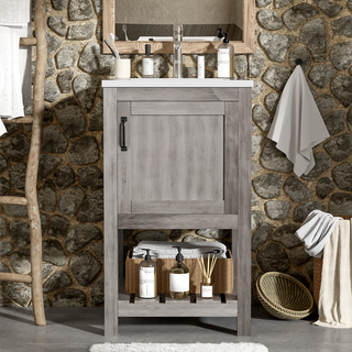 16" Bathroom Vanity Sink Combo for Small Space, Bathroom Sink Cabinet with Rectangular Ceramic Basin, Bathroom Vanities Cabinet with 1 Door and 1 Open Shelf Dweva