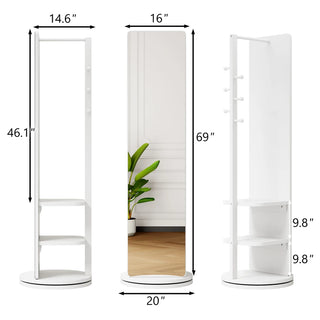 360° Rotating 69"x16" Multifunctional Full Length Mirror with Hook Storage Rack Coat Rack with Mirror Solid Wood Floor Mirror Bedroom Living Room Cloakroom Space Saving (white) Dweva