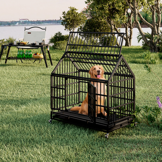 48 Inch Heavy Duty Dog Crate with Wheels, Folding Metal Big Dog Cage for Large and Medium Dogs, Cage with a pointed roof and Removable Tray. Dweva